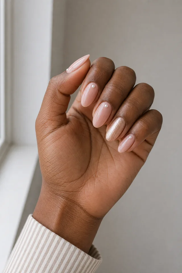 Soft rose beige glossy medium almond nails with tiny white pearl dots and one champagne shimmer nail on deep rich brown skin, shown in a compact curled display with a cream quilted cuff