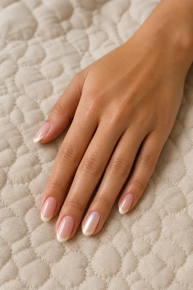 Pale blush glossy medium almond nails with bold black French tips and one rose gold glitter accent on very fair cool pink skin, shown in a relaxed curled pose with a white quilted cuff