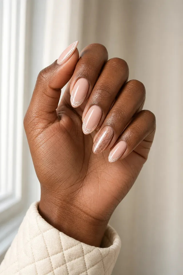 Dusty sage gray glossy medium almond nails with creamy ivory French tips and one fine gold line on deep rich brown skin, shown in a palm up open fan with an ivory quilted cuff