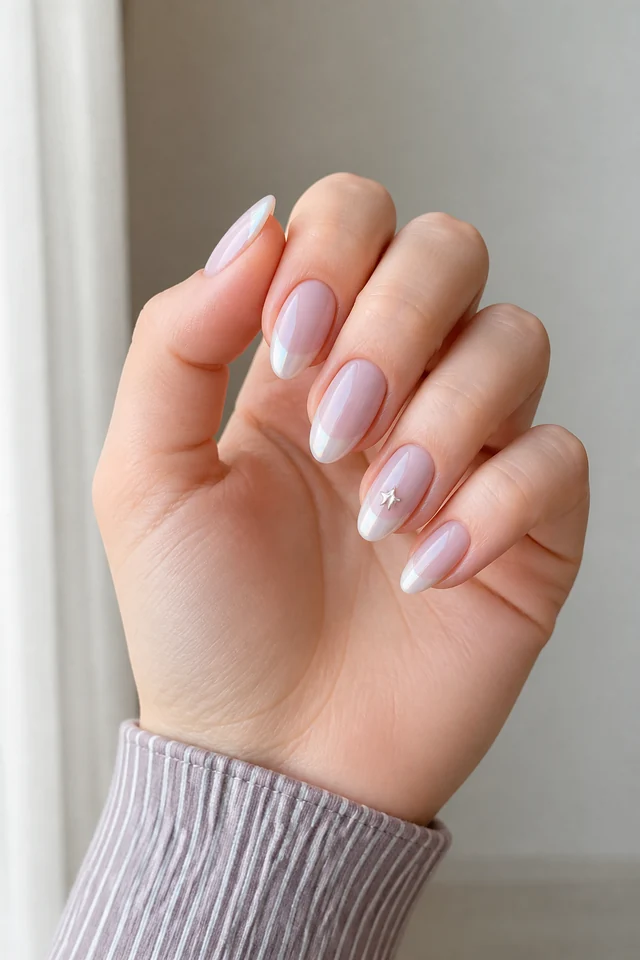 Soft champagne pink glossy medium oval nails with delicate ivory French tips and one pearl glaze accent on tan warm golden skin, shown in a palm down fingertip rest pose on beige quilted textile