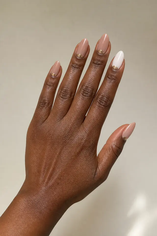 Creamy nude glossy medium almond nails with thin white lace edge lines and one rose gold shimmer accent on deep brown skin, shown in a knuckle forward three quarter pose with a cream quilted cuff