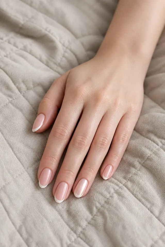 Soft peach beige glossy medium almond nails with white micro French tips and one pearl accent on fair rosy beige skin, shown in a relaxed curved pose on a beige quilted textile