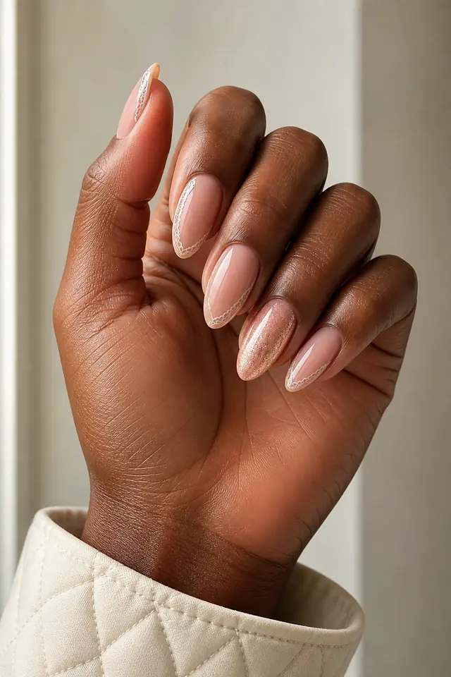 Creamy nude glossy medium almond nails with thin white lace edge lines and one rose gold shimmer accent on deep brown skin, shown in a compact curled display with an ivory quilted cuff