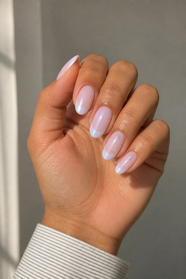 Pale lavender pink glossy medium almond nails with opal white French tips and tiny silver star accents on medium tan skin, shown in a relaxed curled fingertip rest pose with a muted striped cuff