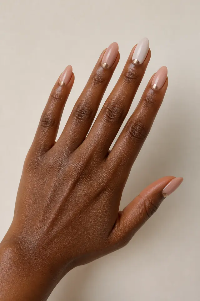 Warm blush nude glossy medium almond nails with champagne foil half moons and one creamy white accent on rich dark brown skin, shown in an open diagonal fan against a matte ivory background