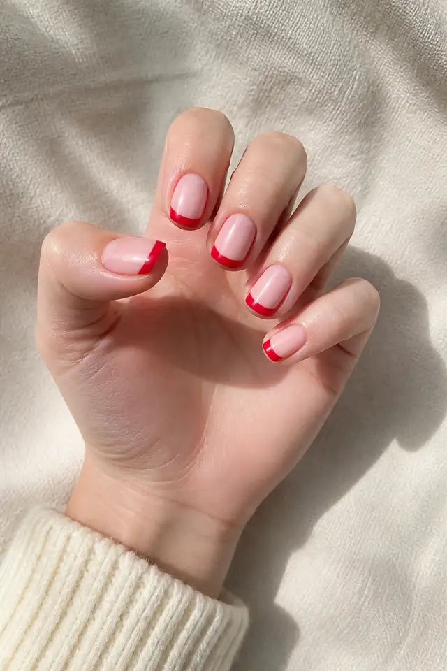 Fair skin hand with bright red French tips on short squoval nails, a relaxed diagonal fan pose, and a cream cuff in natural daylight