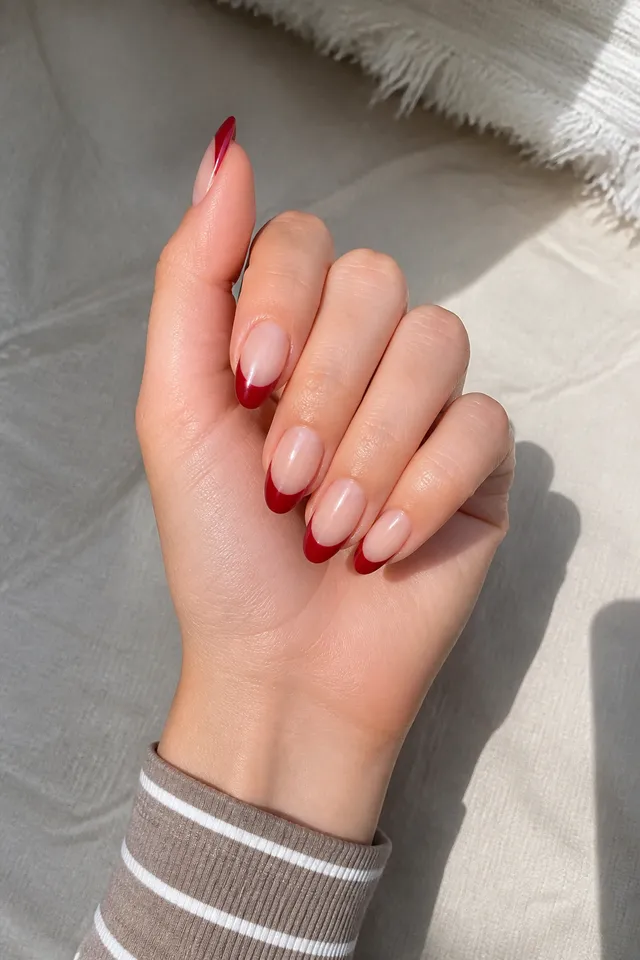 Light skin hand with cherry red French tips on medium almond nails, a compact curled pose, and a taupe striped sleeve in daylight