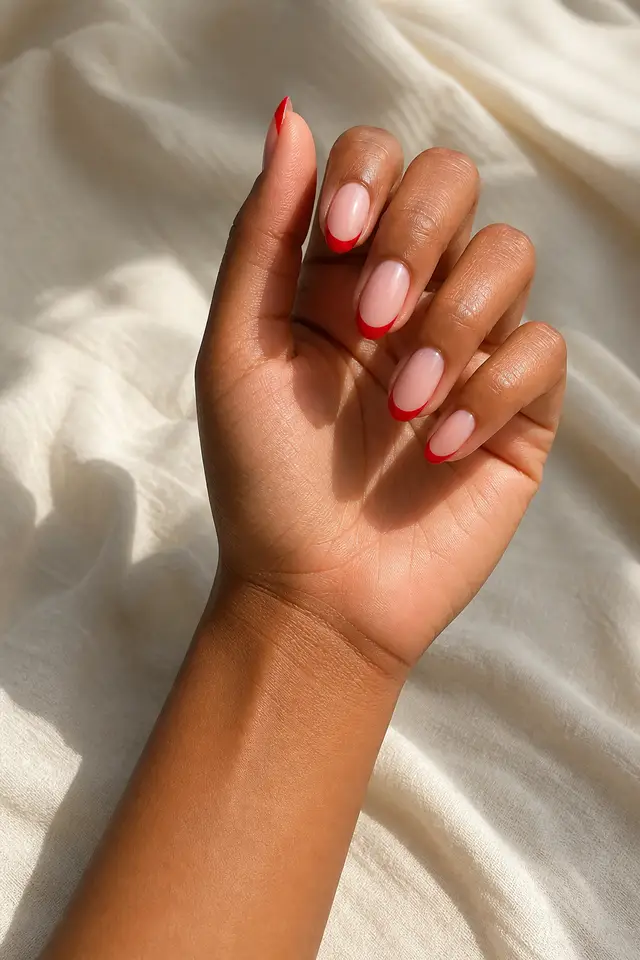 Medium brown skin hand with warm red French tips on medium oval nails, an upright fan pose, and a bare wrist in daylight