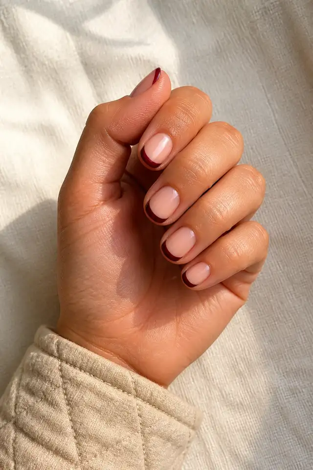Tan skin hand with oxblood French tips on short round nails, a compact side grip pose, and an oatmeal sleeve in natural daylight