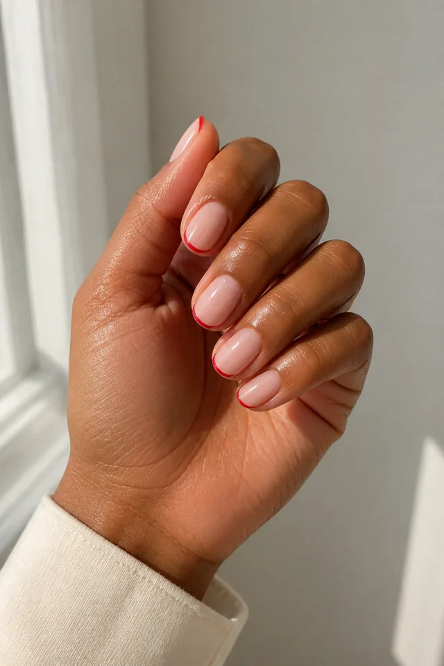 Medium-deep warm brown hand with sheer nude oval nails and glossy cherry-red micro French tips in a softly curled pose, cream cuff, partial wrist, and natural daylight