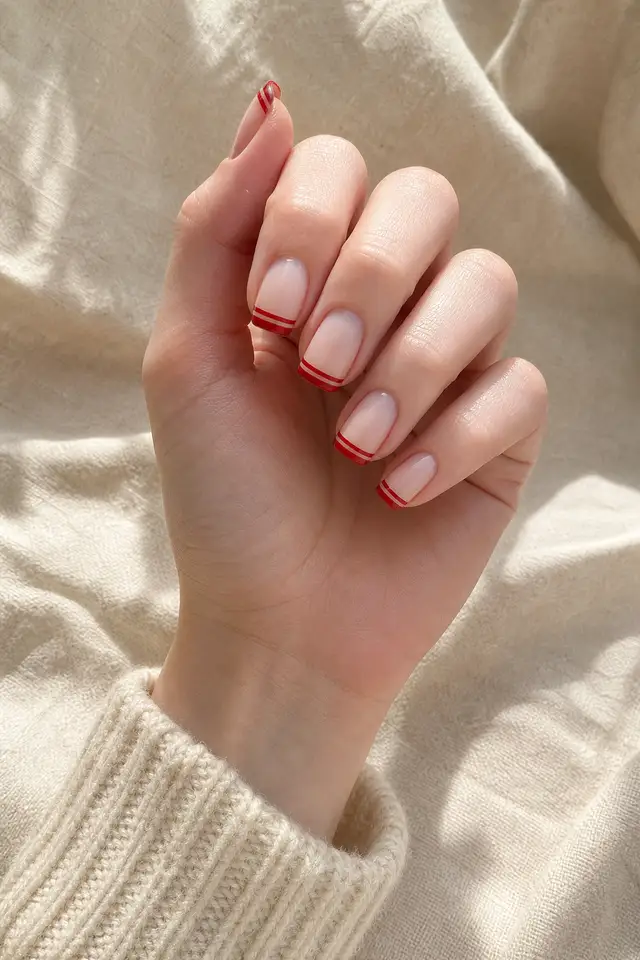 Fair skin hand with double red French lines on medium square nails, a relaxed curled pose, and a cream cuff in daylight