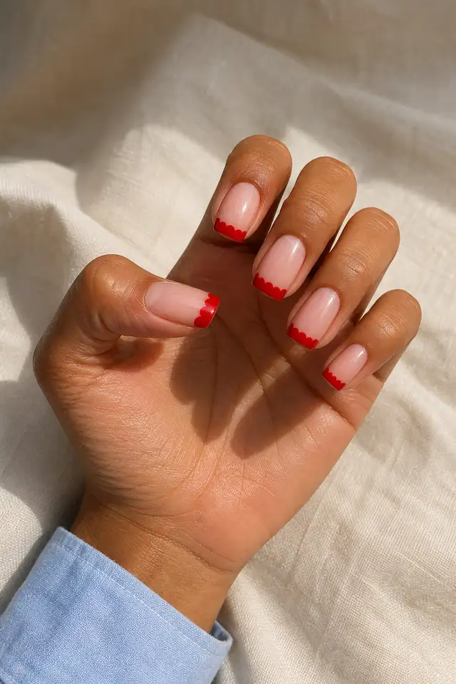 Medium skin hand with scalloped red French tips on medium squoval nails, an open diagonal fan pose, and a pale blue sleeve in daylight