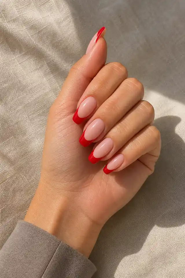 Light skin hand with glossy fire red French tips on medium ballerina nails, a raised-thumb pose, and a taupe sleeve in daylight