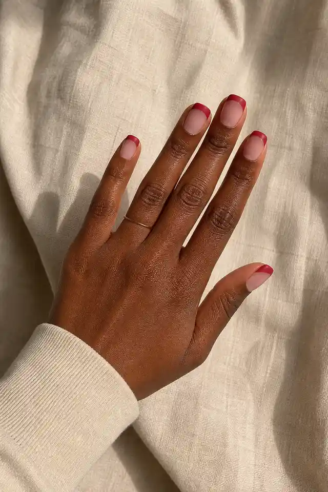 Rich dark brown skin hand with matte crimson French tips on short squoval nails, a diagonal fan pose, an oatmeal cuff, and one tiny plain ring in daylight
