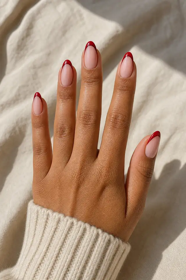 Medium brown skin hand with red French tips and a thin burgundy border on medium almond nails, an upright fan pose, and a cream knit sleeve in daylight