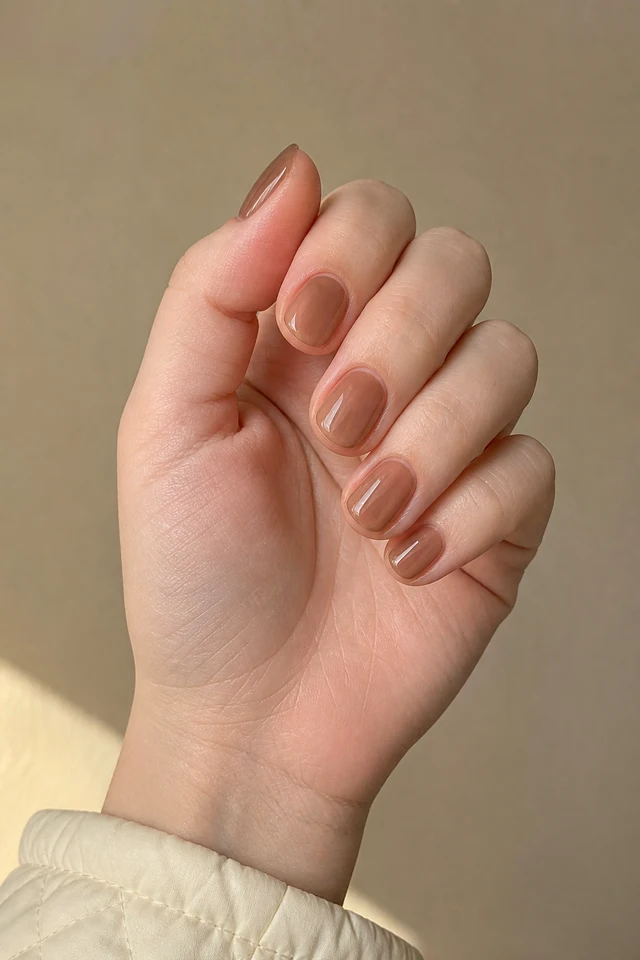 Sheer mocha glazed round nails on a softly curled hand with fair skin and a cream sleeve in natural daylight