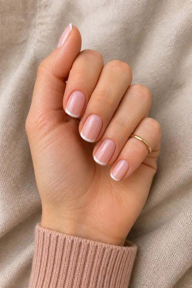 Blush pink micro French short squoval nails on one upright softly curled hand with light warm beige skin, a muted blush knit cuff, and one tiny plain gold ring clearly on the ring finger in natural daylight