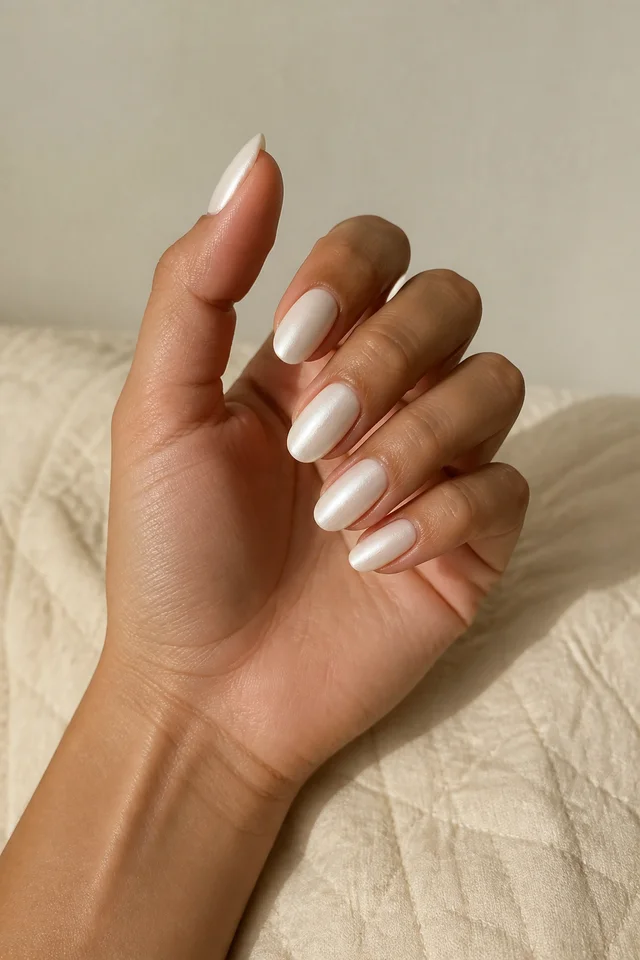 Ivory satin oval nails on a gently curled hand with medium skin and a beige quilted cuff in natural daylight