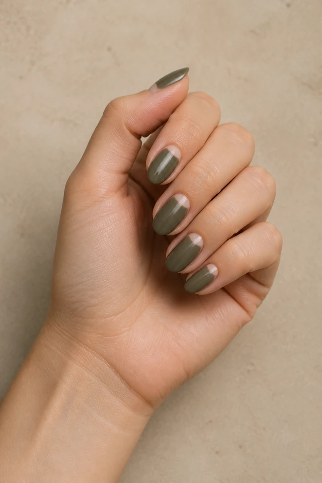 Muted olive gray half-moon oval nails on a softly curled hand with light olive skin and an oatmeal sleeve in natural daylight