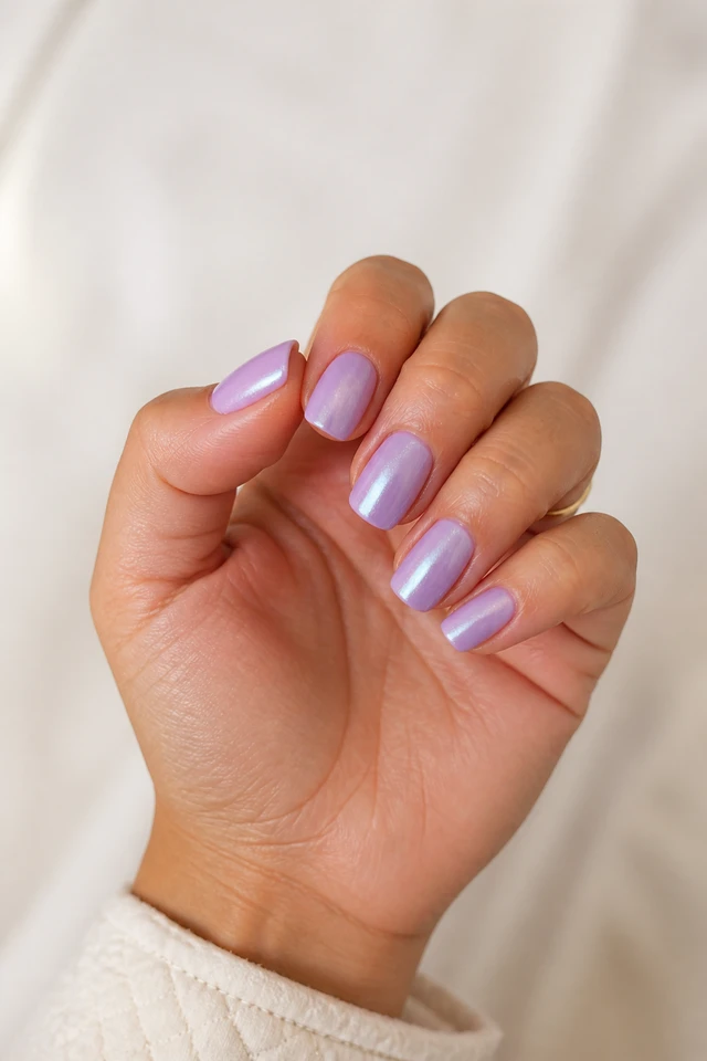 Dusty lavender pearl rounded square nails on a softly curled hand with tan skin and a cream cuff in natural daylight