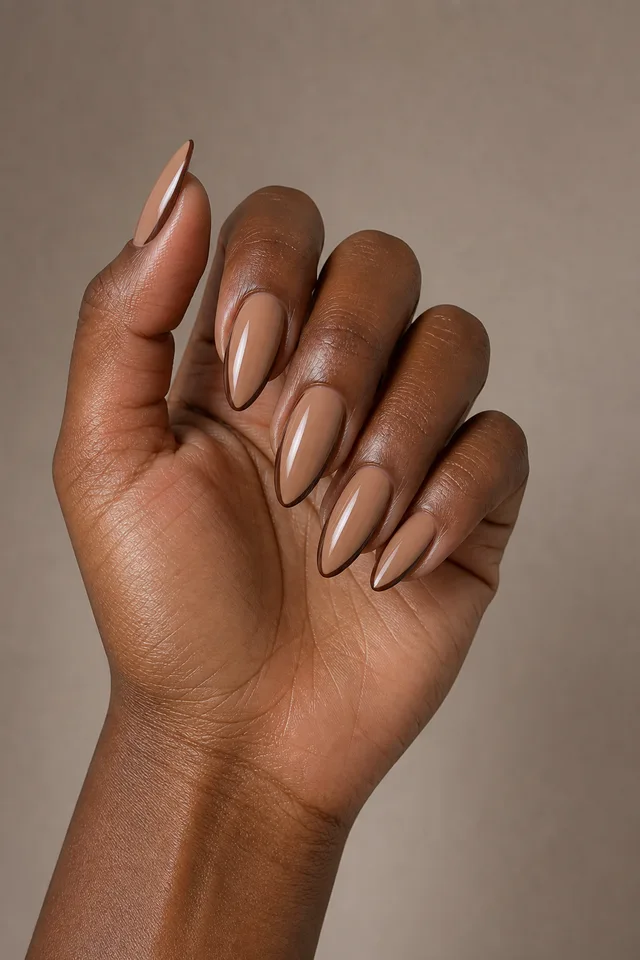 Cocoa brown side-line almond nails on a softly curled hand with deep brown skin and no jewelry in natural daylight