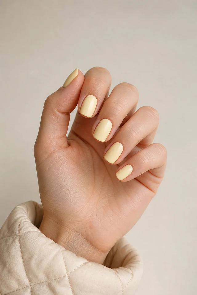 Warm buttercream satin squoval nails on a compact curled hand with fair skin and a taupe blouse cuff in natural daylight
