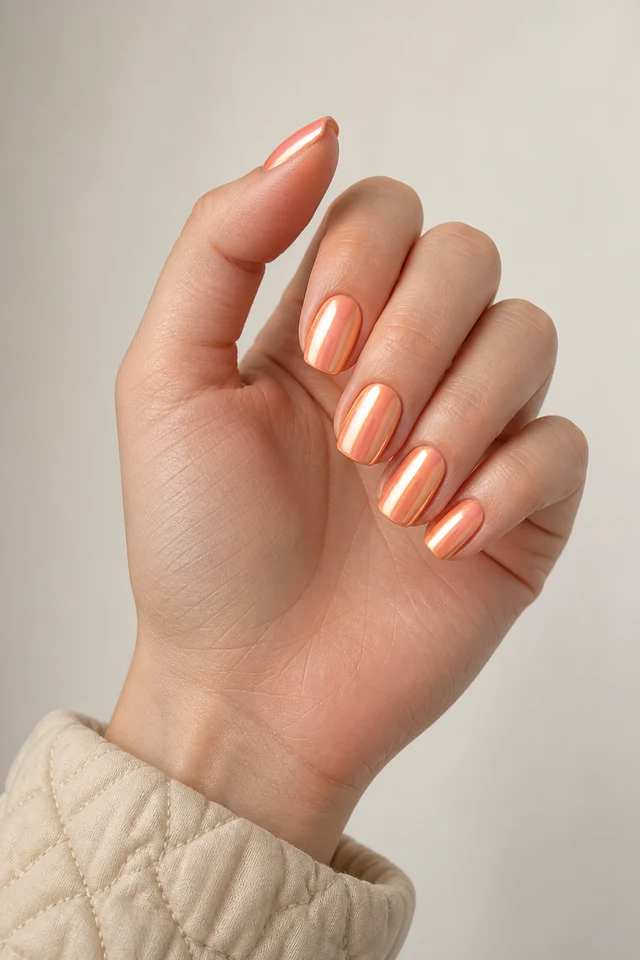 Peach chrome rounded square nails on a softly curled hand with light skin and a soft beige cuff in natural daylight