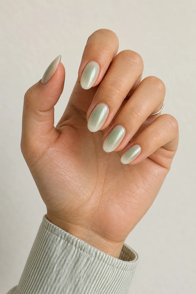 Sage pearl aura oval nails on a gently curled hand with light olive skin and a muted stripe sleeve in natural daylight