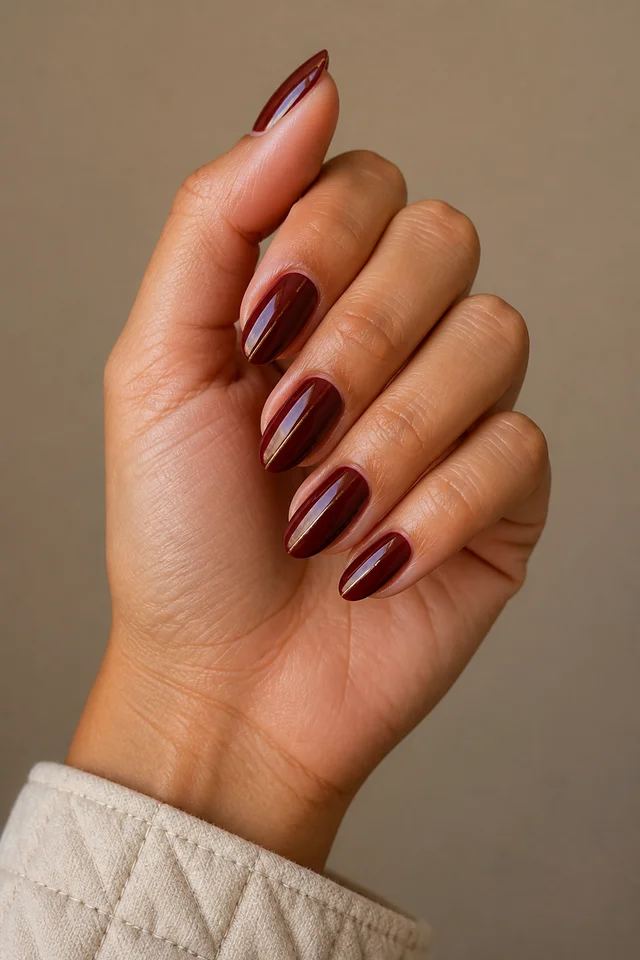 Black cherry gold pinstripe rounded almond nails on a compact curled hand with tan skin and an oatmeal sleeve in natural daylight