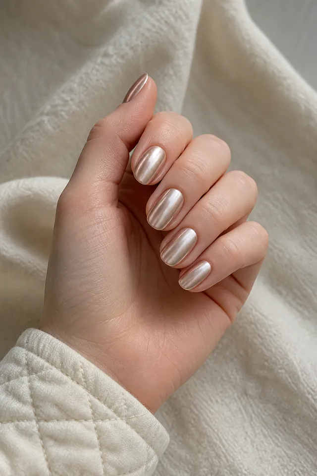 Champagne chrome oval New Year's nails on a softly curled hand with fair skin and a cream cuff in natural daylight