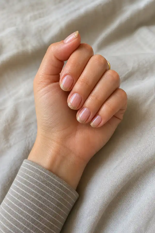 Pale gold shimmer French tips on short round New Year's nails with light skin, a softly curled pose, and no jewelry in natural daylight