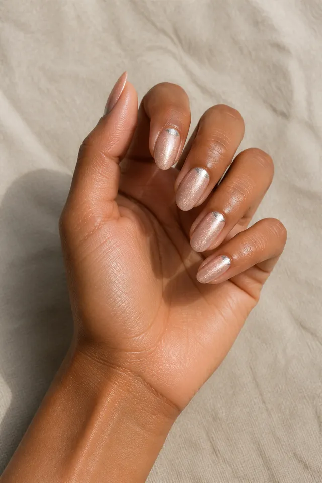 Rose champagne glitter on medium almond New Year's nails with medium skin, a gently curled diagonal pose, and a taupe sleeve in natural daylight