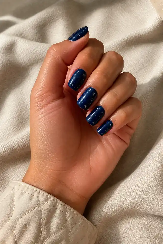 Midnight navy and silver starburst nails on medium squoval tips with light olive skin and a softly curled hand in natural daylight