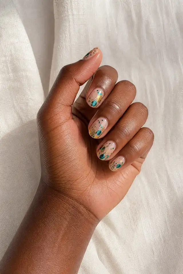 Emerald and gold confetti accents on short oval New Year's nails with deep brown skin and a compact curled pose in natural daylight