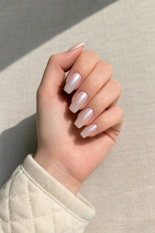 Milky pearl glazed nails on medium coffin tips with rich dark brown skin, a softly curled hand, and a beige cuff in natural daylight
