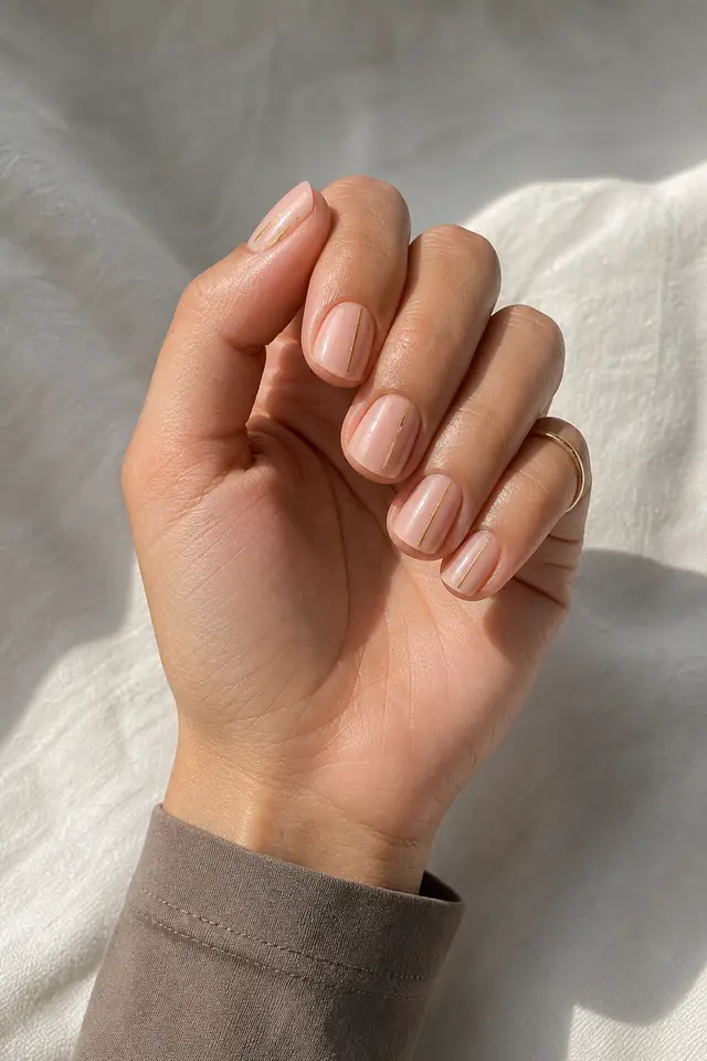 Blush nude nails with delicate gold vertical lines on short square tips, fair skin, and a curled display pose in natural daylight