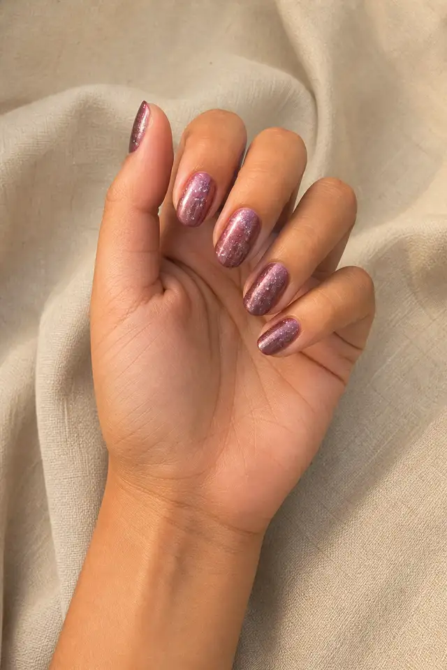 Soft mauve velvet polish with scattered silver flecks on medium round nails, medium skin, and a gently curled hand in natural daylight