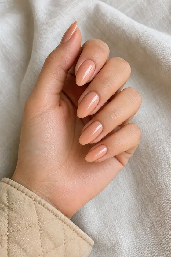 Light olive skin hand in a relaxed curled pose wearing warm peach-beige glossy almond nude nails and a cream sleeve