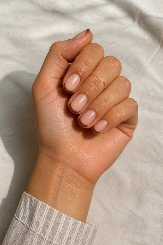 Medium brown skin hand in a compact curled pose with caramel nude oval nails and a glossy natural finish