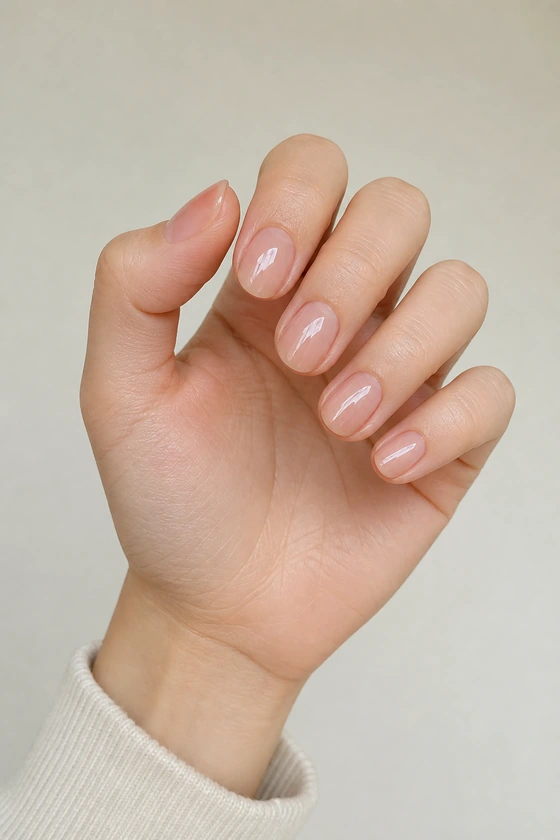 Light skin hand in a controlled curled pose with translucent beige-pink jelly oval nude nails
