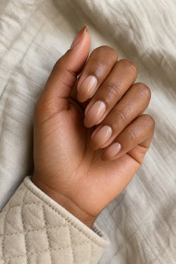 Medium deep brown skin hand in a relaxed inward curl with glossy latte nude almond nails and warm coffee tips
