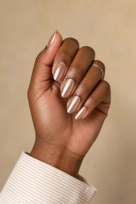 Rich dark brown skin hand in a compact curled pose wearing rosy beige chrome oval nude nails and a tiny plain ring