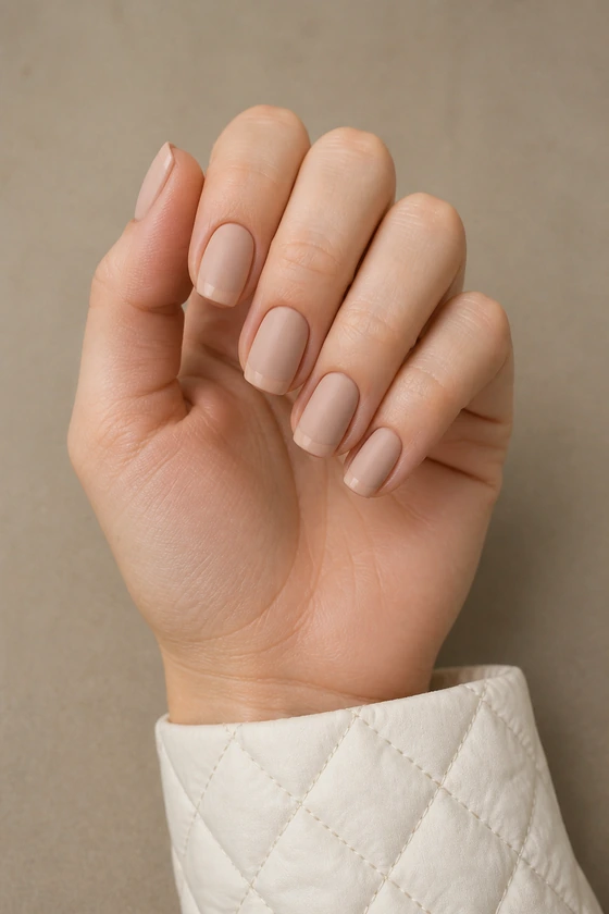 Fair skin hand in a gentle curled pose with matte sand rounded-square nude nails and glossy tonal tips
