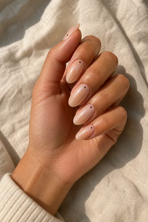 Tan skin hand in a soft diagonal curl wearing honey beige almond nude nails with tiny cocoa cuticle dots