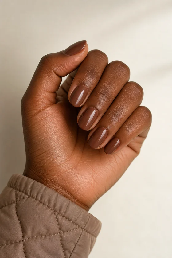 Deep brown skin hand in a compact curled pose with smooth deep cocoa short oval nude nails and a warm quilted cuff