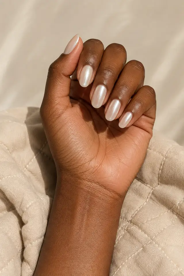 Soft ivory moderate oval nails with a subtle pearl-chrome sheen on one deep brown skin tone hand in a palm-up fingertip-rest display on soft beige quilted textile with a connected short wrist