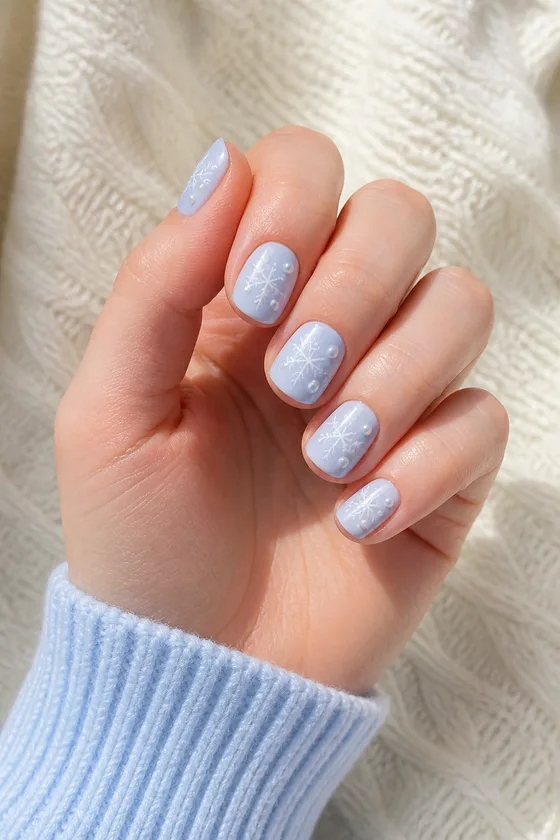 Icy blue short rounded-square nails with white snowflakes on one fair hand in a softly curled pose with a powder-blue sweater cuff, natural daylight
