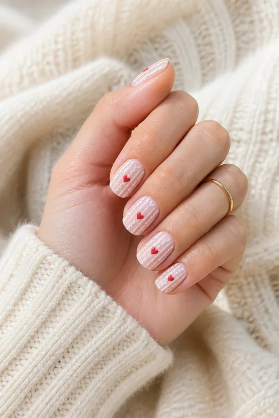 Blush pink short squoval nails with raised white cable-knit lines and tiny red hearts on one light warm hand in a curled pose, cream sweater cuff, natural daylight