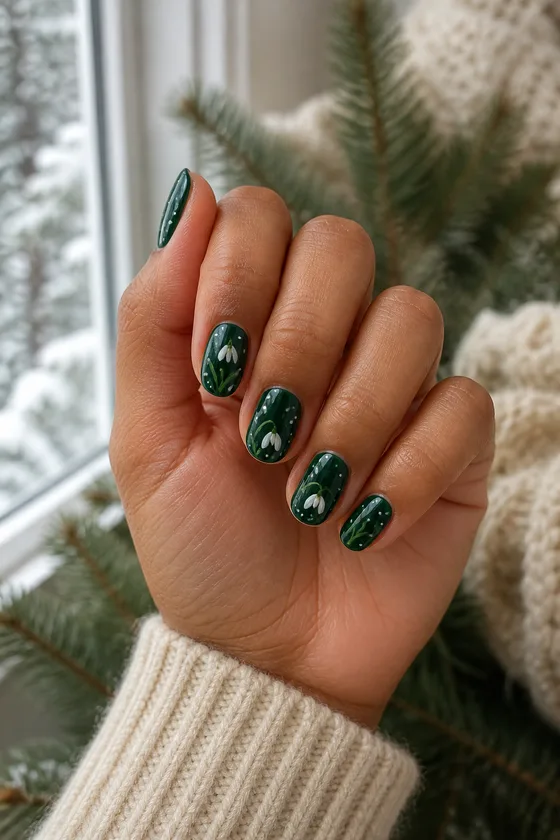 Deep pine green short oval nails with cream sweater dots and white snowdrop accents on one medium brown hand in an upright curled pose, oatmeal cuff, natural daylight
