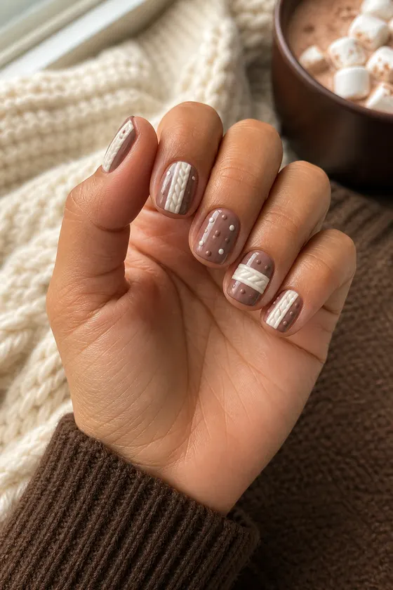 Creamy cocoa short rounded-square nails with marshmallow-white cable accents on one tan hand in a gently curled pose, chocolate sweater sleeve, natural daylight